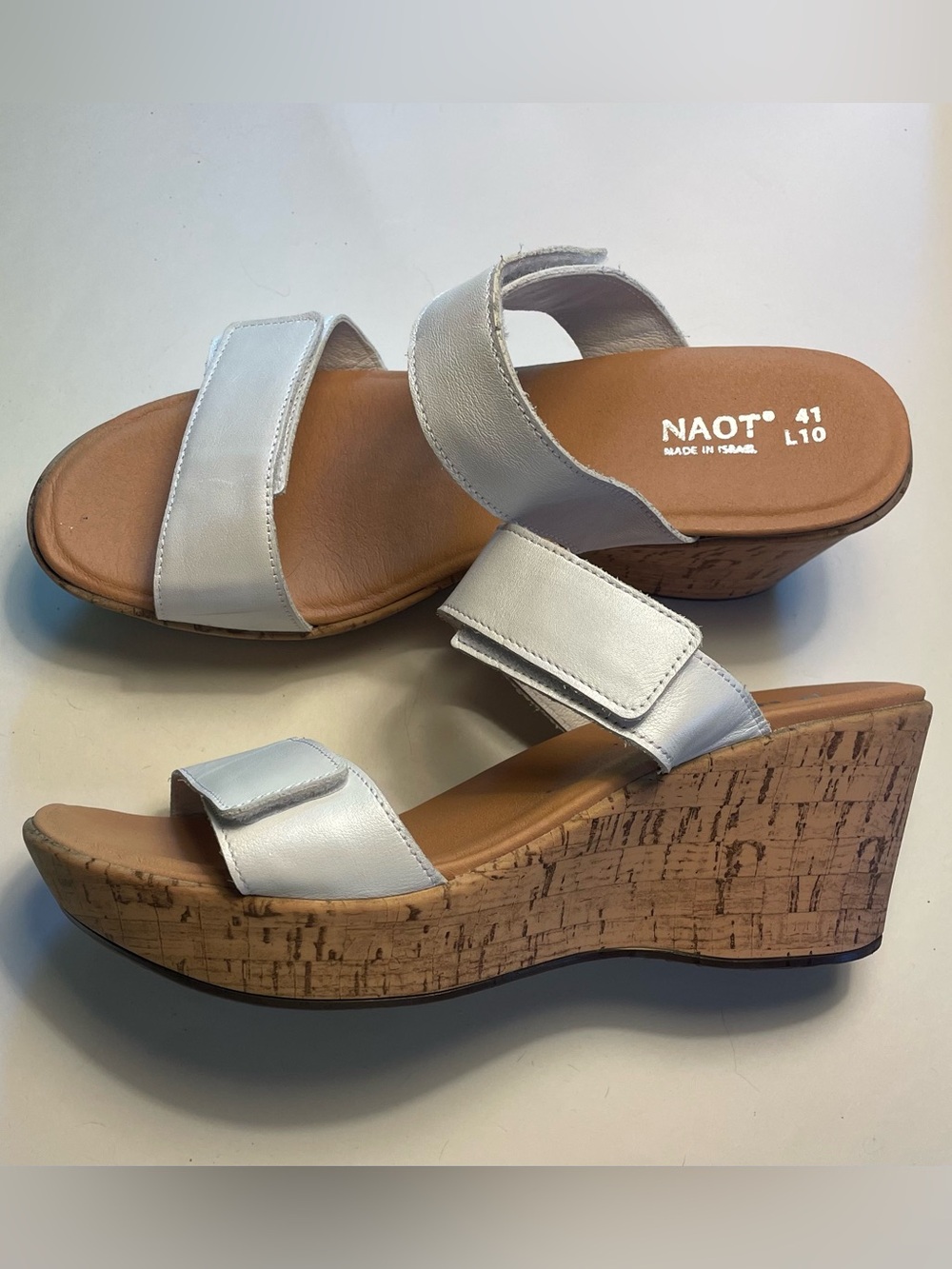 Naot White Leather Cork Wedge Sandals with Velcro Straps
